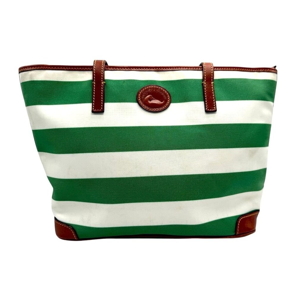 Dooney & Bourke Green & White Striped Canvas Tote Bag With Leather Trim & Red In